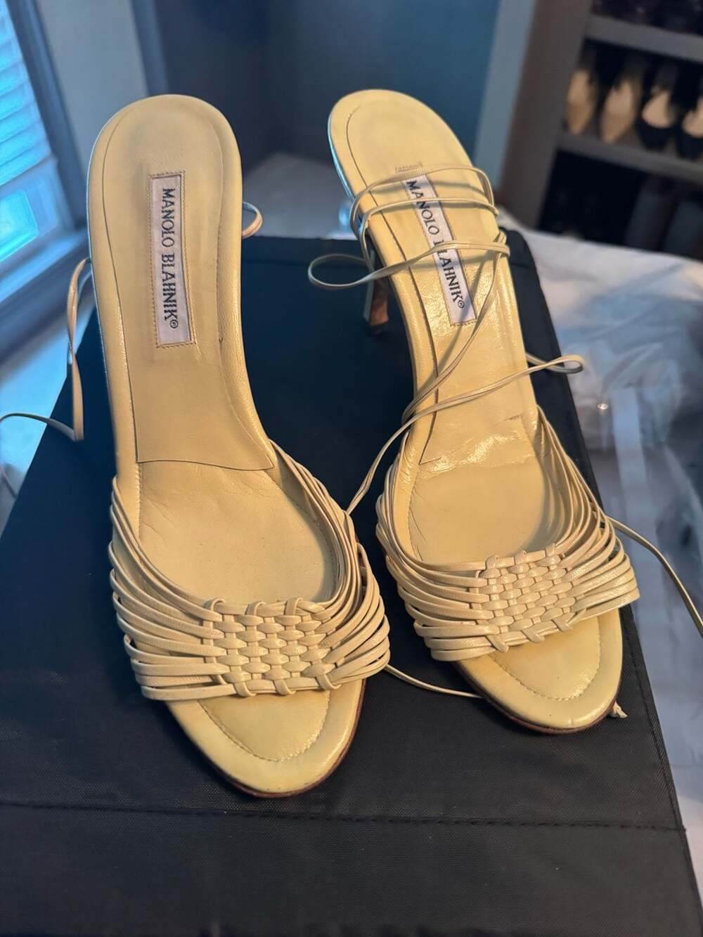 Manolo Blahnik Vintage Pale Yellow Woven Strappy Ankle-Wrap Heeled Sandals